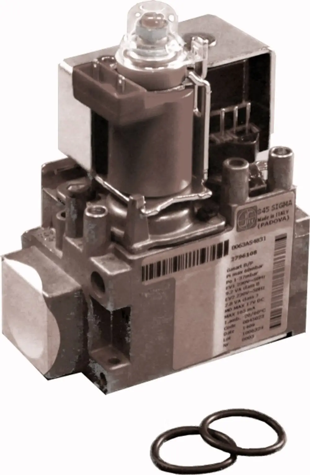 Gaskombiventil mit O-Ringen, hergestellt von Wolf. Die Einheit hat eine elektrische Anschlussstelle und mehrere Anschlüsse für Gasleitungen.